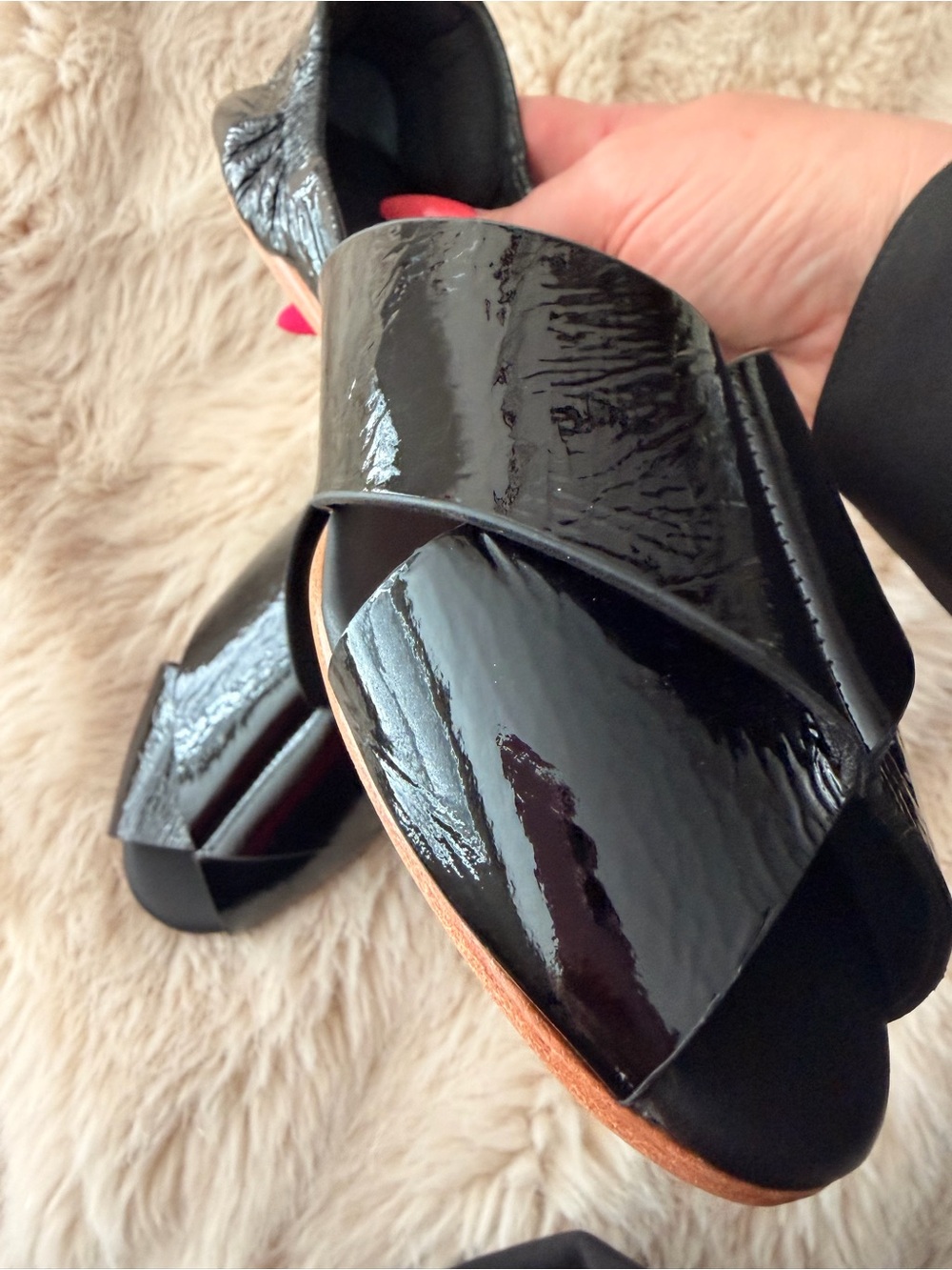 MERCEDES CASTILLO Black Patent Crisscross Peep-Toe Mules with Tan Heel Tab - Picture 8 of 9